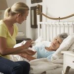 Adult Daughter Giving Senior Female Parent Medication In Bed At Home