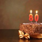Birthday chocolate cake with burning candles as a number eighty on brown background