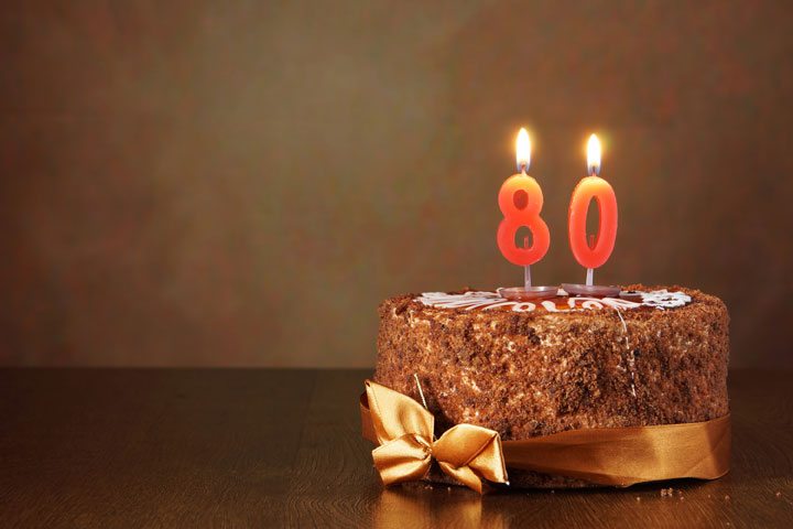 Birthday chocolate cake with burning candles as a number eighty on brown background