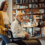 Young woman pushing an elderly man in a wheelchair
