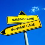 A post with two yellow signs. One points to Nursing Home and the other points to IN-Home Care