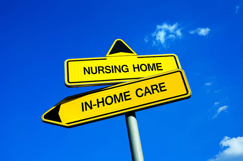 A post with two yellow signs. One points to Nursing Home and the other points to IN-Home Care