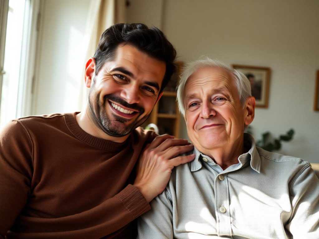 A caregiver smiling with an older family member
